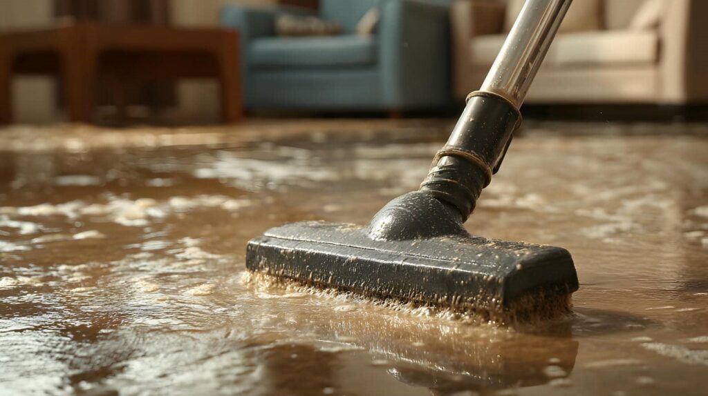 Vacuum cleaner head sucking muddy water from a flooded indoor floor.
