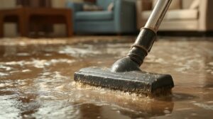 Vacuum cleaner head sucking muddy water from a flooded indoor floor.