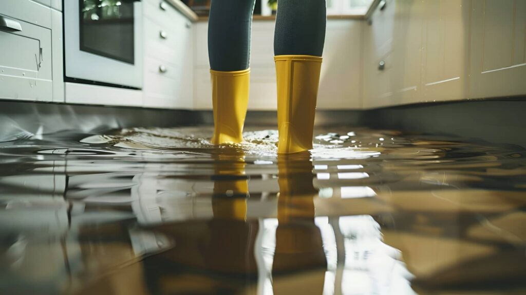 Person wearing yellow rain boots standing in a flooded kitchen with water covering the floor.