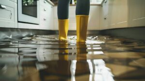 Person wearing yellow rain boots standing in a flooded kitchen with water covering the floor.