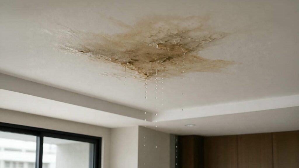 Water leaking from a large brown stain on a white ceiling.