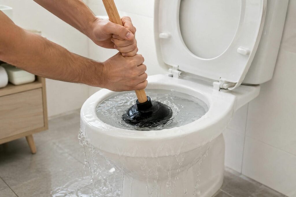Hands using a plunger to unclog an overflowing toilet with water spilling over the edge.