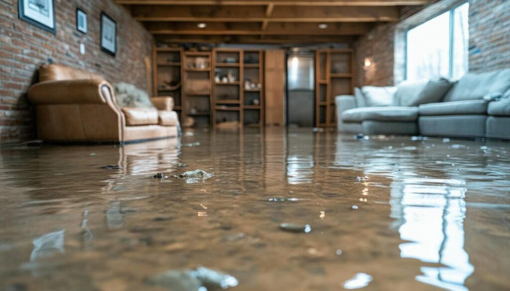 Living room flooded with water covering the floor between sofas and shelves.