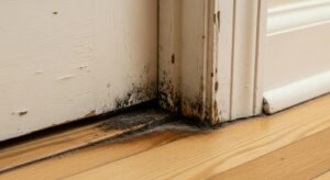 Black mold growing on the bottom corner of a white door frame and wooden floor.
