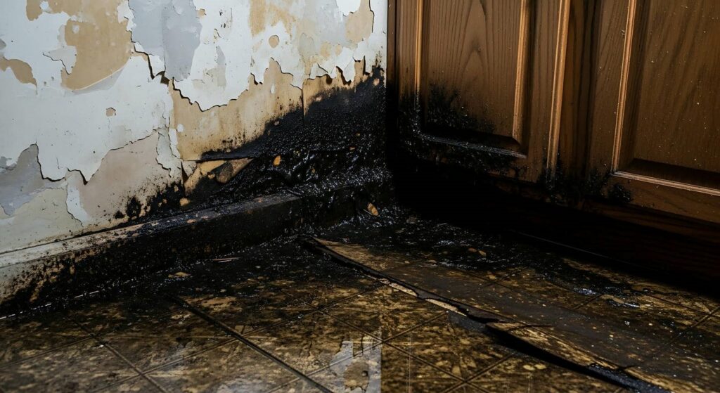 Corner of a room with peeling paint, black mold, and water damage on the wall, floor, and wooden cabinet.