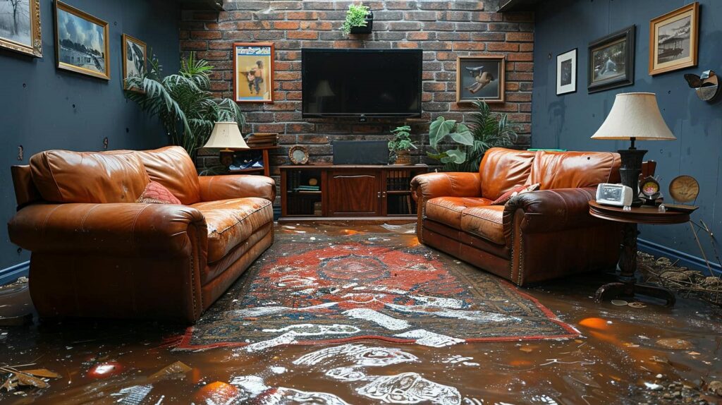 Living room with two leather sofas and a flooded floor partially covered by a patterned rug.