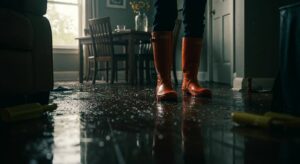 Person wearing orange rain boots standing on a wet, reflective floor inside a room with a dining table and chairs.