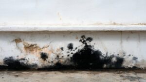 Black mold and water damage on the lower part of a white wall near the floor.