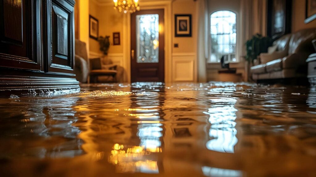 Flooded living room with water covering the floor and furniture in the background.