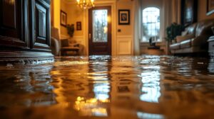 Flooded living room with water covering the floor and furniture in the background.