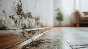 Black mold growth on a white wall and wooden floor near a baseboard in a room.