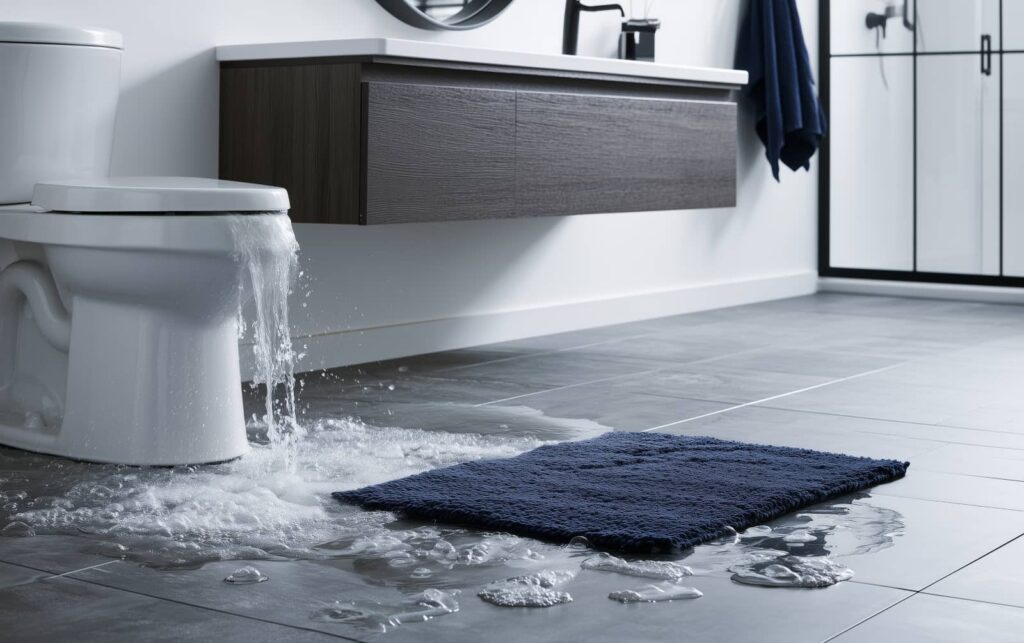 Water overflowing from a toilet onto a bathroom floor with a dark blue bath mat.