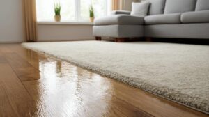 Water pooling on a wooden floor next to a beige carpet in a living room with a gray sofa.