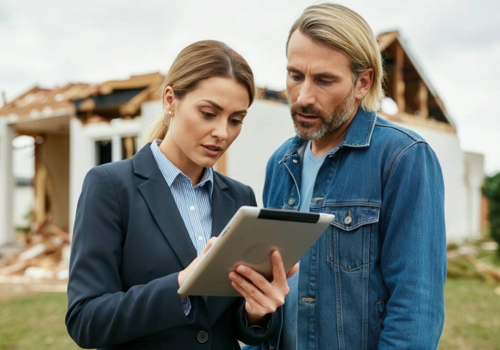 A woman in a blazer shows a tablet to a man in a denim jacket in front of a damaged house.