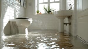 Bathroom with white tiles flooded with water covering the floor around the toilet and sink.