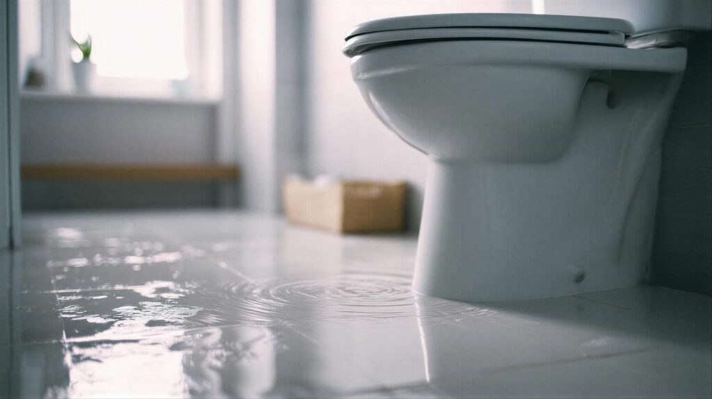 Water leaking and pooling on a bathroom floor near a toilet.