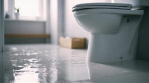 Water leaking and pooling on a bathroom floor near a toilet.