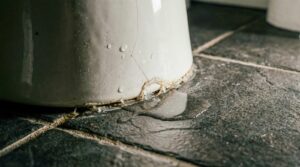 Water leaking from the base of a cracked white ceramic object onto dark tiled floor.
