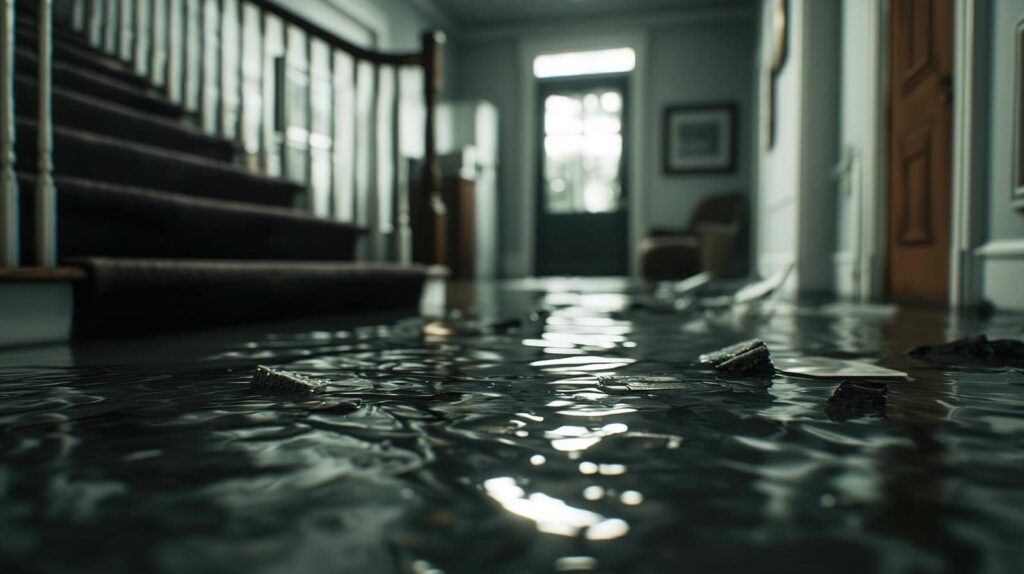 Flooded hallway with water covering the floor near a staircase and a door in the background.