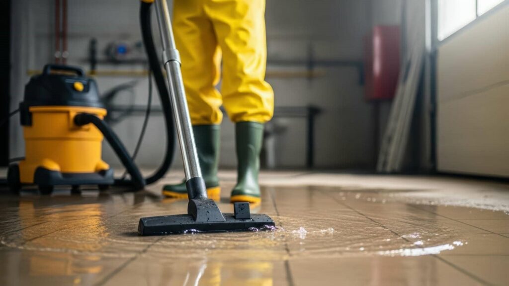 Person in yellow pants and green boots using a wet vacuum to clean a wet tiled floor.