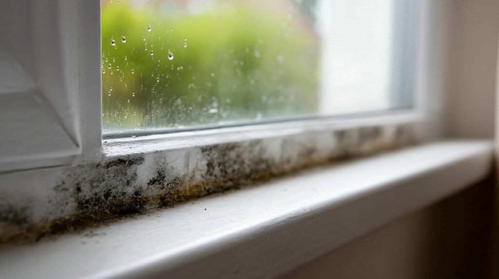 Mold growth on a white window sill with raindrops on the glass.