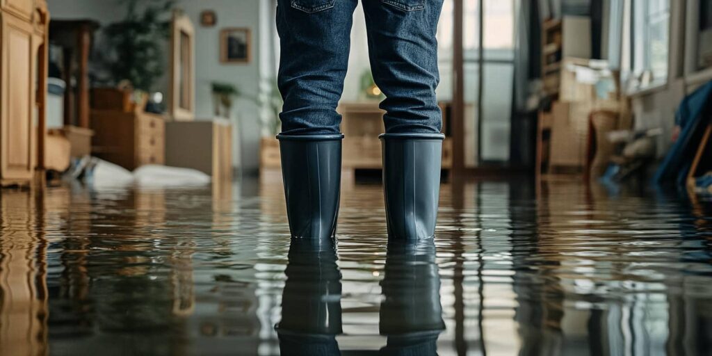 Person wearing rubber boots standing in a flooded room with water covering the floor.
