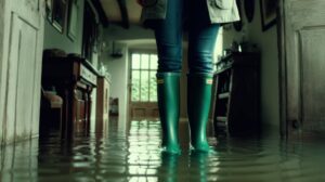 Person wearing green rain boots standing in a flooded room with water covering the floor.