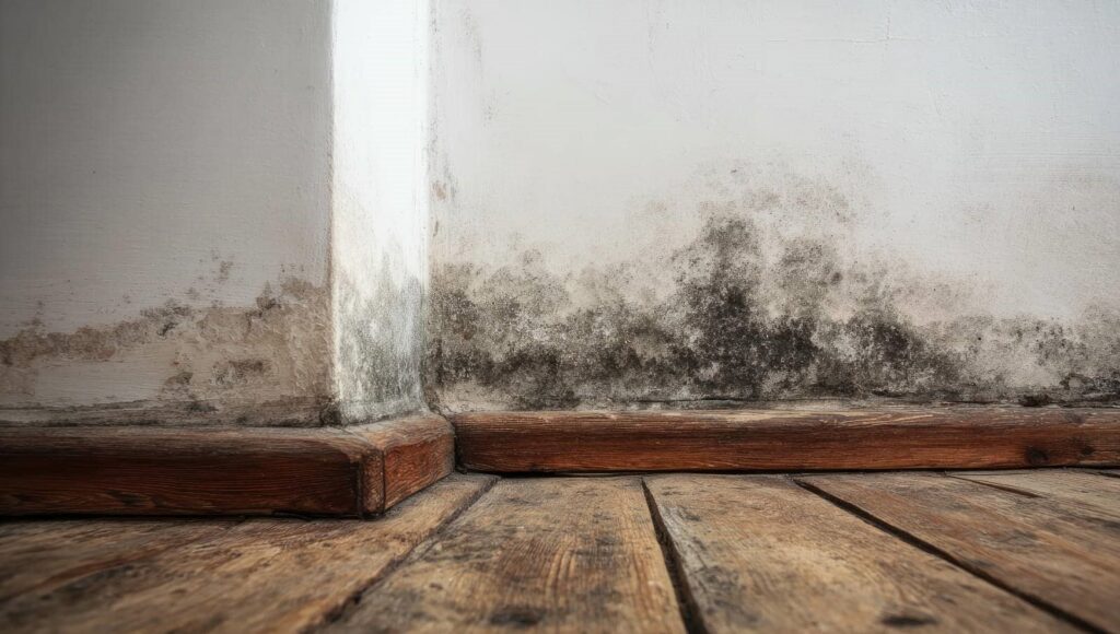 Mold growth along the base of white walls and wooden floorboards in a corner.