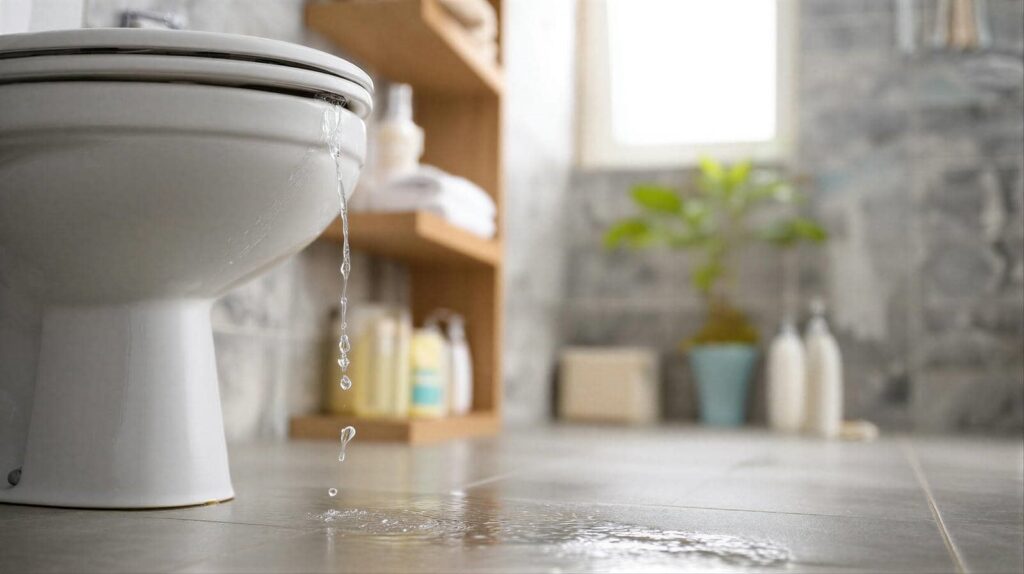 Water leaking from the base of a white toilet onto a bathroom floor.