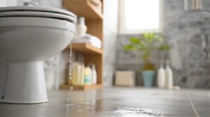 Water leaking from the base of a white toilet onto a bathroom floor.