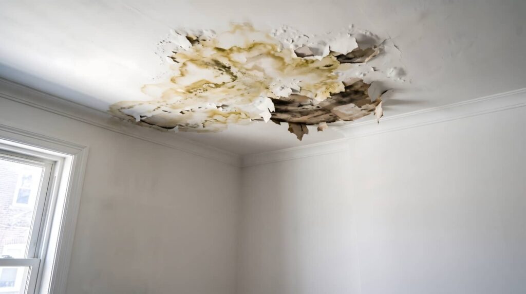 Peeling and stained ceiling with water damage and mold in a white room corner.
