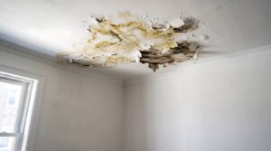 Peeling and stained ceiling with water damage and mold in a white room corner.
