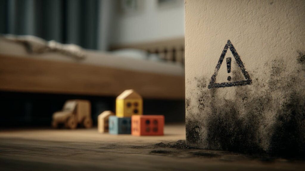 Black mold growing on a wall corner with a warning symbol, near children's wooden toys on the floor.