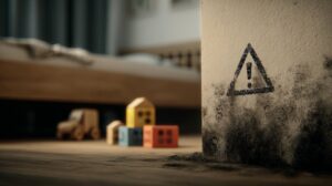 Black mold growing on a wall corner with a warning symbol, near children's wooden toys on the floor.