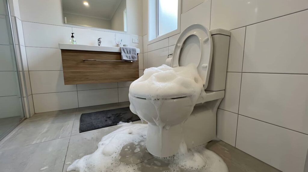 Toilet overflowing with foam spilling onto the bathroom floor.