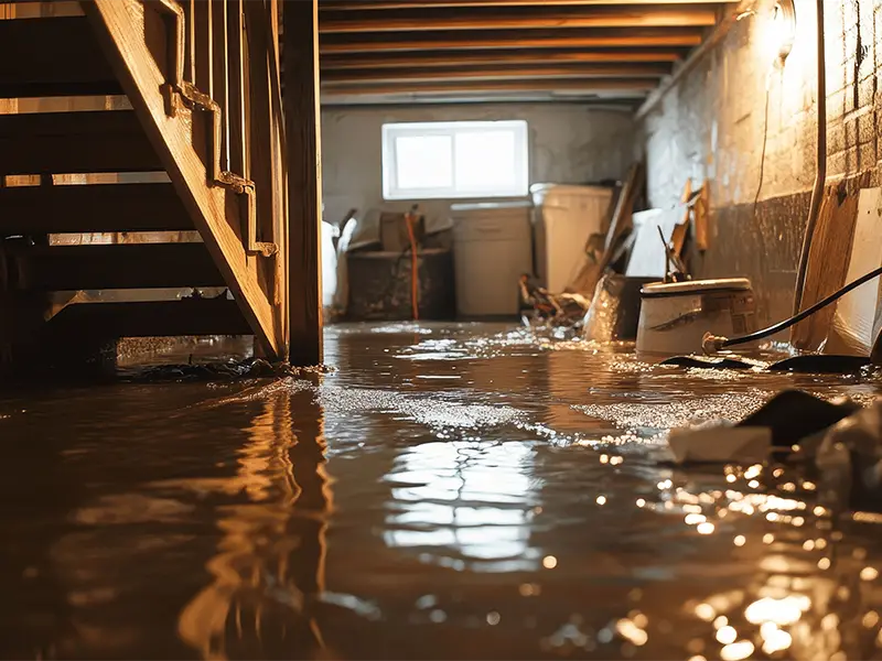 Basement flooded with brown sewage water after a sewer backup, with stored belongings sitting in the water